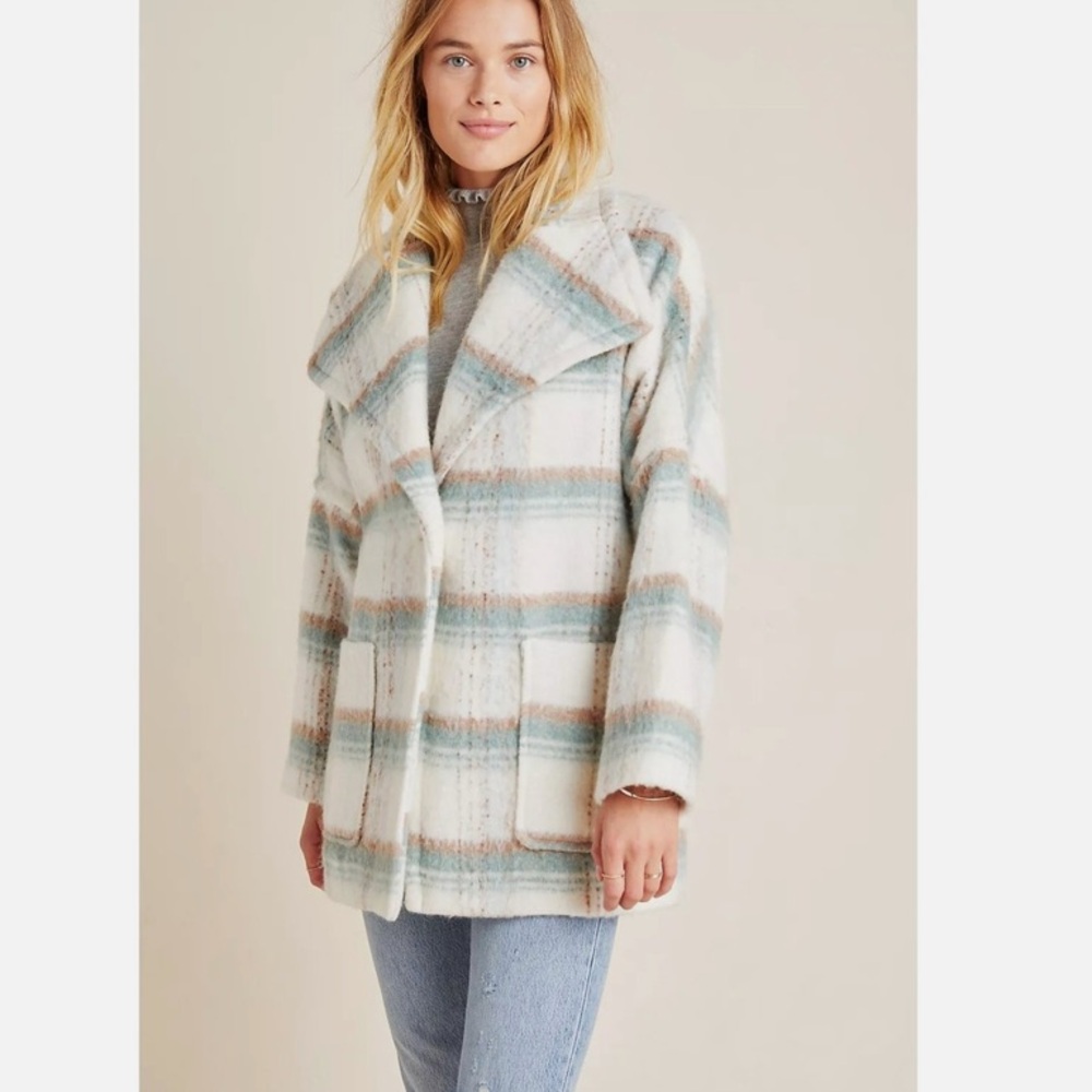 Wool plaid coat Anthropologie Elsa wool blend fuzzy cream and blue oversized M